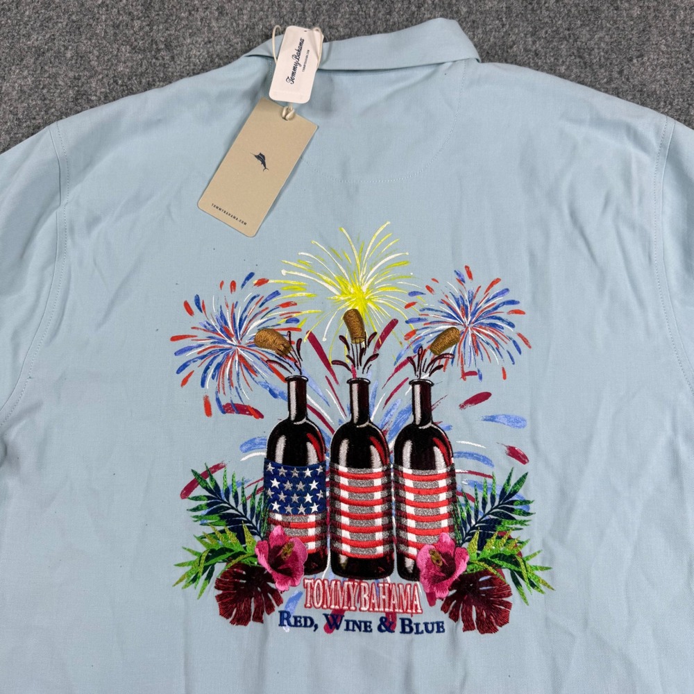 Tommy Bahama Camp Shirt Mens Large Blue Silk Stars Stripes Wine Embroidered NWT